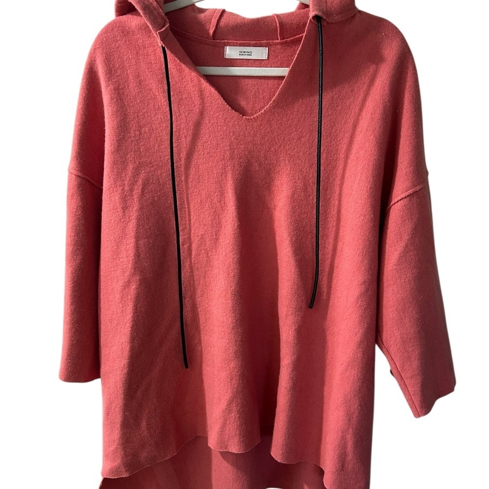 Loose Hooded V-Neck Boiled Wool Sweater - Picture 2 of 4